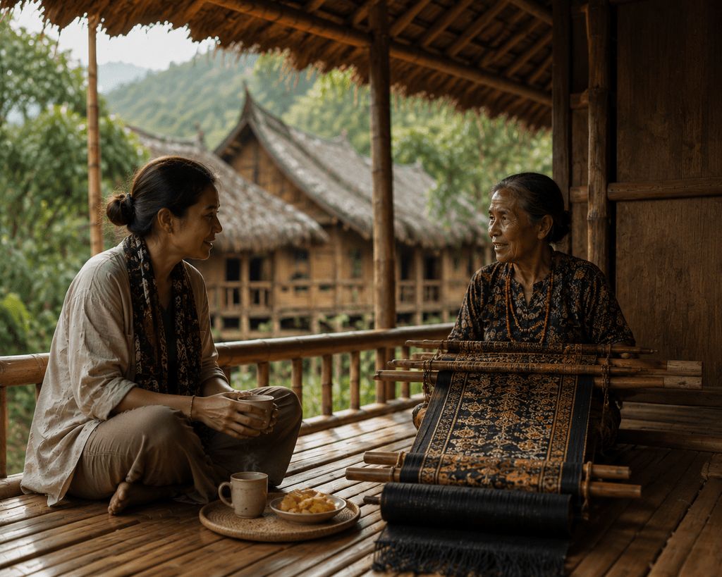Interaksi hangat wisatawan slow travel berbincang dengan perajin tenun lokal di desa tradisional.