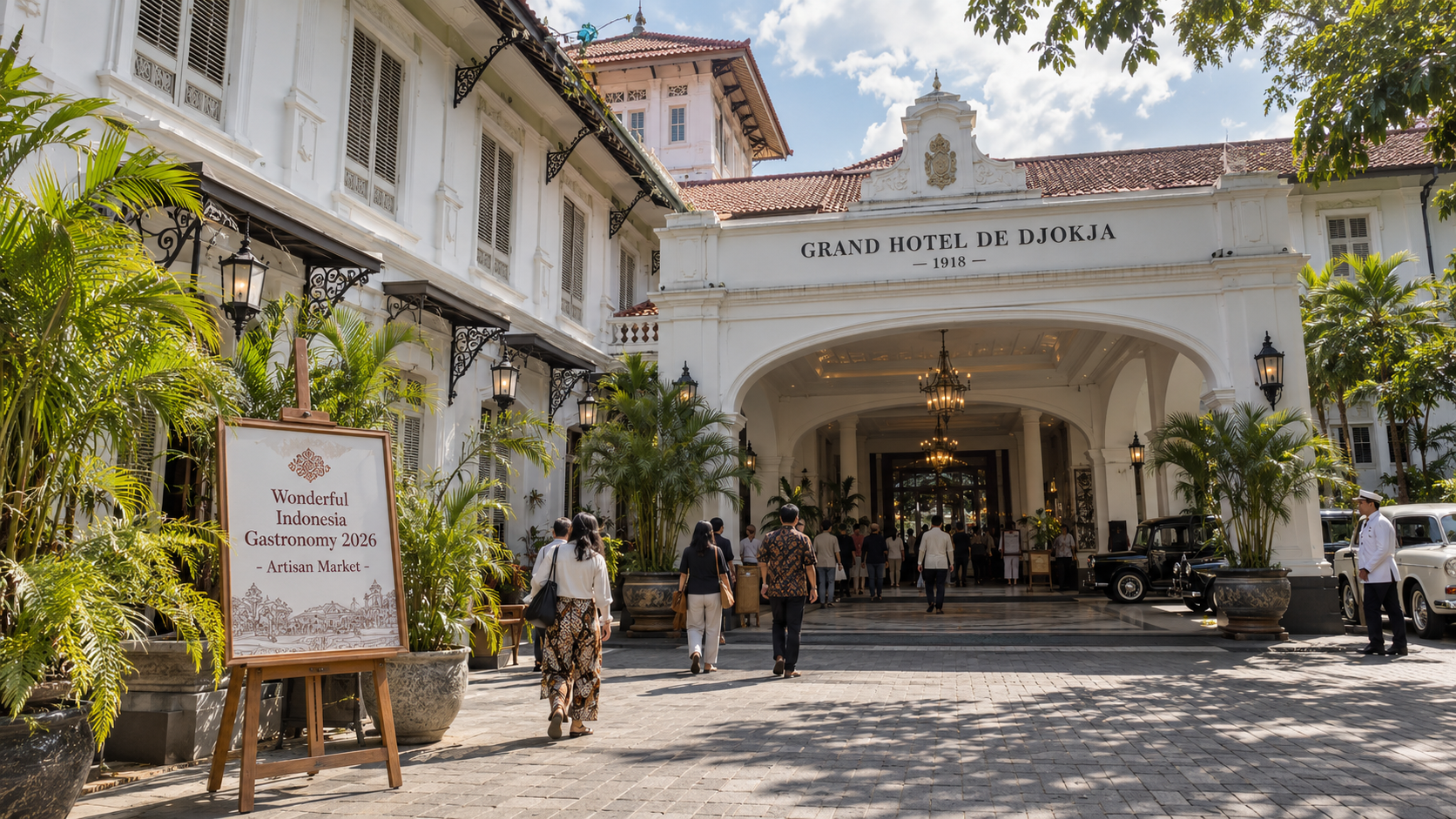 Fasad arsitektur kolonial Grand Hotel De Djokja di kawasan Malioboro Yogyakarta dengan papan selamat datang WIG 2026.