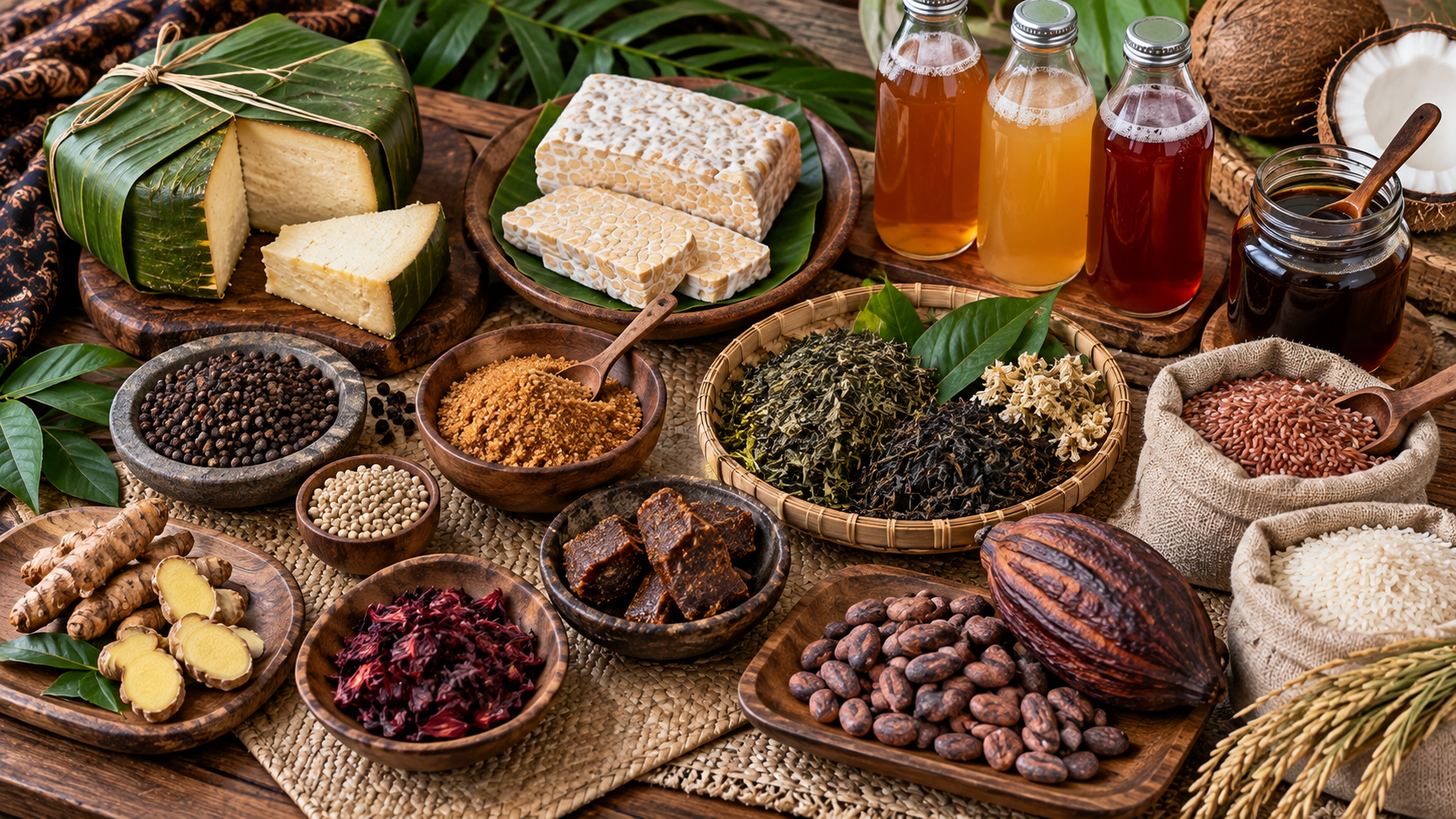 Susunan sebelas jenis produk artisan unggulan mulai dari tempe premium, keju lokal, hingga gula kelapa organik di nampan anyaman.