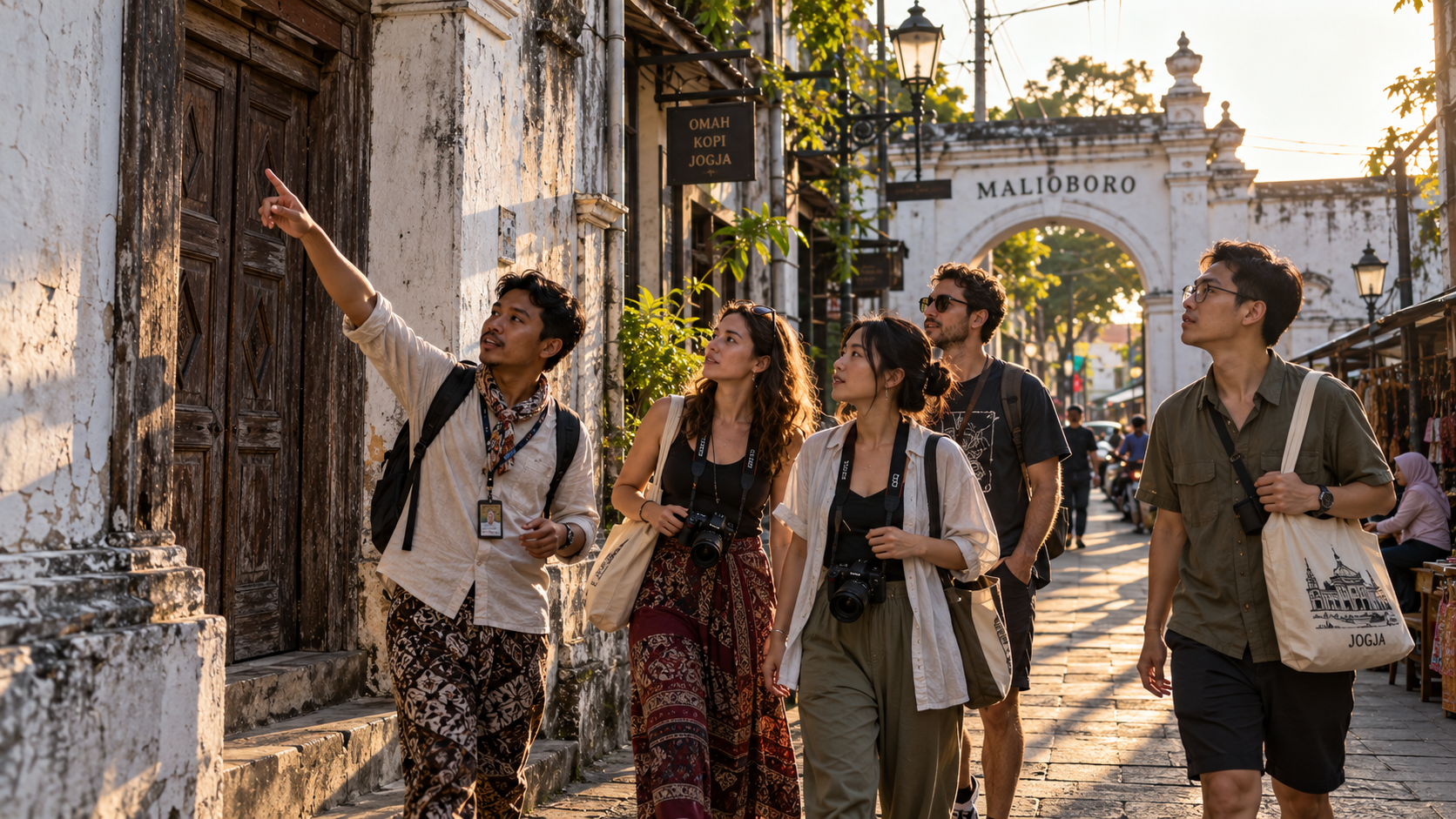 Peserta tur jalan kaki kuliner berjalan menyusuri lorong bersejarah Malioboro Yogyakarta membawa tas belanja kanvas ramah lingkungan.